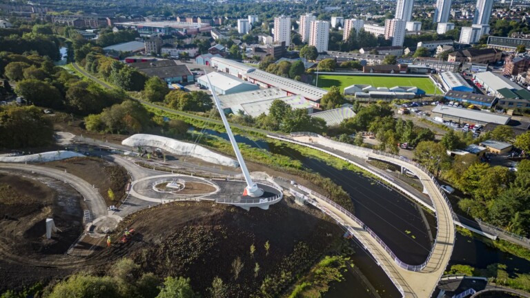 Drone Photography of Stockingfield Junction Footbridge by aerial photographers Blink Imaging