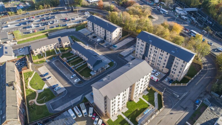 Aerial drone photography of new housing developement by Glasgow drone photographers Blink Imaging