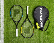 Product photography of tennis rackets from above